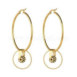 Cubic Zirconia Beads Charm Big Hoop Earrings for Women, 304 Stainless Steel Ring Drop Earrings, Golden, Black, 65x44mm, Pin: 0.9~1.5mm