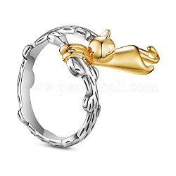 Shegrace24KGP本金メッキ925スター指輪シルバーフィンガー指輪  猫の形  アンティークシルバー＆ゴールデン  サイズ10  19.6mm