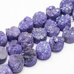 Electroplated Natural Druzy Quartz Crystal Bead Strands, Flat Round, Dyed, Purple, 7~12x5~10mm, Hole: 1.5mm, about 16pcs/strand, 7.8 inch