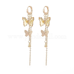 Glass Butterfly Dangle Hoop Earrings with Clear Cubic Zirconia, Golden Brass Long Tassel Earrings for Woman, Champagne Yellow, 95mm, Pin: 1mm
