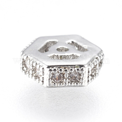 Perles de zircone cubique micro pave en Laiton, hexagone, Platine plaqué réel, 5.5x5.5x2mm, Trou: 1mm