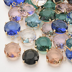 Faceted Glass Pendants, with Golden Tone Brass Open Back Settings, Flat Round, Mixed Color, 16.5x14x6.5mm, Hole: 1.2mm