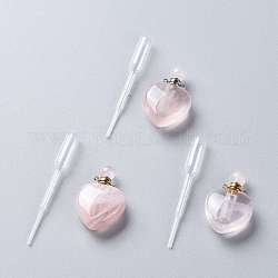 Colgantes de botella de perfume que se pueden abrir de cuarzo rosa natural, con 304 fornitura de acero inoxidable y pipetas de transferencia de plástico, corazón, 37.5~38x25~25.5x11~12mm, agujero: 1.6 mm, 1 PC / Juego, capacidad: 2.5ml (0.08 fl. oz)