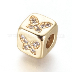 Perline in ottone, con zirconi micro pave, cubo con farfalla, chiaro, oro, 6x6x6mm, Foro: 3 mm