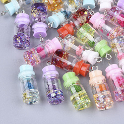 Décorations de bouteille en verre, avec résine strass et bouchon, fleur séchée et fer, platine, couleur mixte, 26~27x9.5~10mm, Trou: 1.8mm
