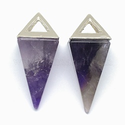 Pendenti d'ametista naturale, con accessori in lega, triangolo, platino, 34x14x14.5mm, Foro: 4x6 mm