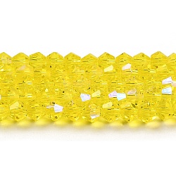 Transparentes cuentas de vidrio electroplate hebras, color de ab chapado, facetados, bicono, amarillo, 3.5mm, aproximamente 108~123 pcs / cadena, 12.76~14.61 pulgada (32.4~37.1 cm)