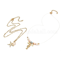 Halsketten mit Seestern-, Seepferdchen- und Muschelanhängern für Teenager-Mädchen, Halsketten aus natürlichen Perlen und Fimo-Perlen, golden, 16.7 Zoll (42.3 cm), 19.5 Zoll (49.5 cm), 2 Stück / Set