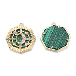 Brass Pave Clear Cubic Zirconia Pendants, with Natural Malachite, Cadmium Free & Nickel Free & Lead Free, Octagon with Moon & Star, Real 18K Gold Plated, 22x20x3mm, Hole: 1.2mm