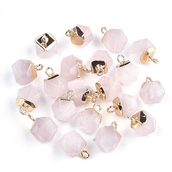 Electroplate Natural Rose Quartz Charms, with Iron Findings, Faceted, Golden, 11~12x8x8mm, Hole: 1.5mm