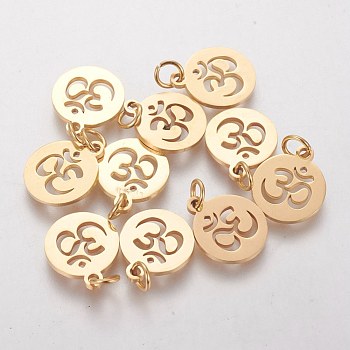 304 Stainless Steel Pendants, Flat Round with Om Symbol, Golden, 14x12x1.1mm, Hole: 3mm