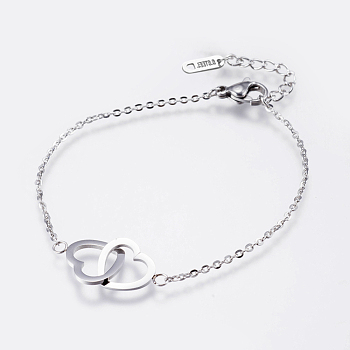 304 Stainless Steel Link Bracelets, with Lobster Claw Clasps, Heart with Heart, Stainless Steel Color, 6-1/2 inch(165mm)