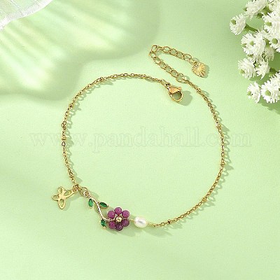Fußkettchen aus Edelstahl 304 mit natürlicher Rubinperle und Blumenmuster für Damen&nbsp;AJEW-AN00854-1