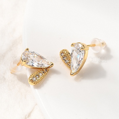 Серьги-гвоздики в форме сердца из латуни с прозрачным фианитом и прозрачным фианитом EJEW-C158-04G-1
