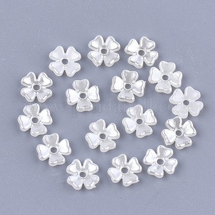 4花弁ABSプラスチックパール調ビーズキャップ  花  乳白色  6.5x6.5x1.5mm  穴：1.2mm OACR-T018-04-1