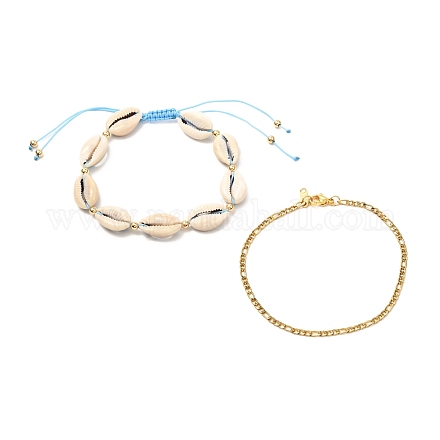 Fußkettchen aus natürlichen Kaurimuscheln mit geflochtenen Perlen für Mädchen und Frauen AJEW-AN00451-01-1