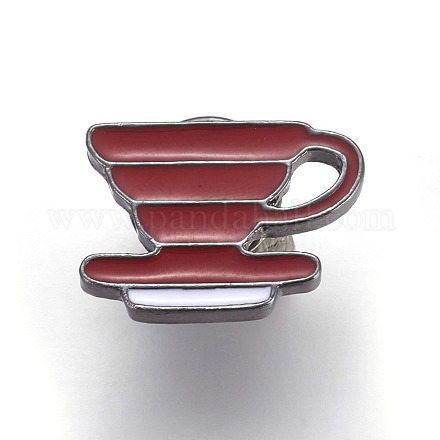合金のブローチ  エナメルピン  エナメル  コー​​ヒーカップ  ガンメタ色  暗赤色  14.4x20.5x11mm、ピン：1.2mm JEWB-TAC0001-03-1