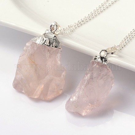 Bisel natural de piedras preciosas en bruto en bruto rosa collares pendientes de cuarzo NJEW-JN01110-1