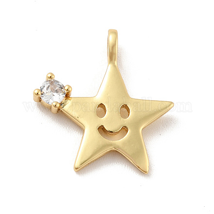 Star with Smiling Face Brass Micro Pave Clear Cubic Zirconia Pendants KK-G425-09G-1