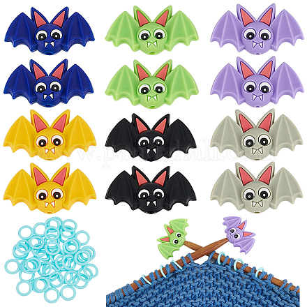 12 шт. 6-цветные силиконовые бусины на тему Хэллоуина с изображением летучих мышей и 50 шт. пластиковых колец-маркеров для вязания SIL-BC0001-11-1
