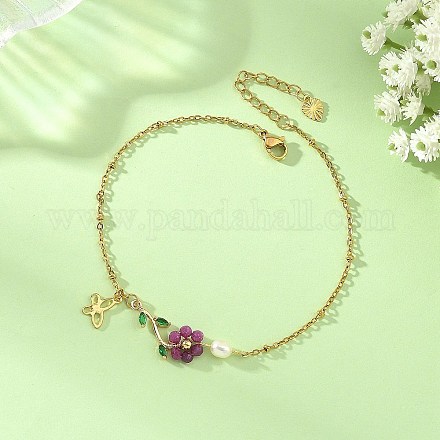 Fußkettchen aus Edelstahl 304 mit natürlicher Rubinperle und Blumenmuster für Damen&nbsp;AJEW-AN00854-1