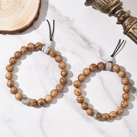 2 комплект из 2 браслетов из натурального полосатого агата и дерева с круглыми бусинами для мужчин и женщин BJEW-JB12347-1