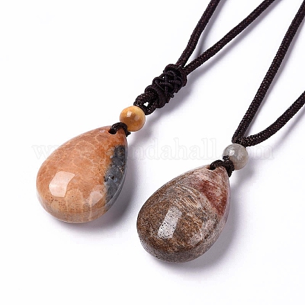 Collier pendentif en forme de larme de corail fossile naturel teint avec cordon en nylon pour femme NJEW-C002-04-1