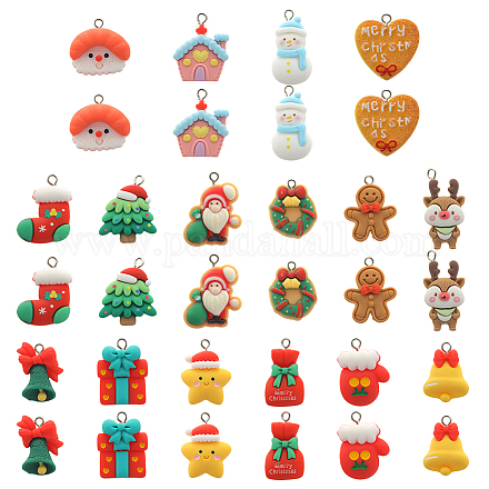 SUNNYCLUE 1 Box 32Pcs 16 Styles Christmas Charms Bulk Xmas Charm Resin Cartoon Gingerbread Man Tree Snowman Mixed Colorful Deer Pink House Charm for Jewelry Making Charms Findings DIY Necklace Earring RESI-SC0002-52-1