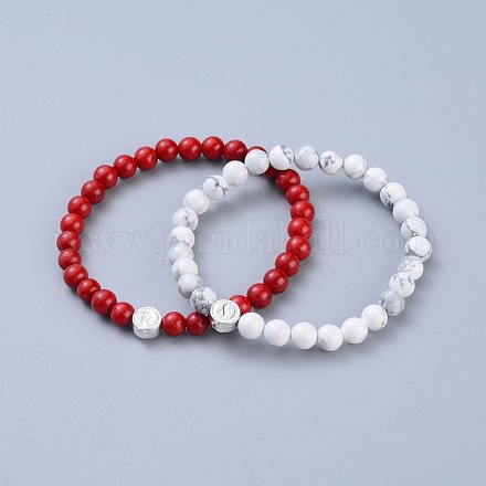 Feng Shui Natural Howlite & Synthetic Grass Coral Beaded Stretch Bracelets BJEW-JB05022-04-1