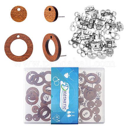 DICOSMETIC 40Pcs 2 Style Walnut Wood Stud Earring Findings Flat Round Wood Stud Earrings Set Natural Tan Earring Pin Studs with Loop and Stainless Steel Ear Nut for DIY Earring Making DIY-DC0001-70-1