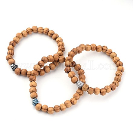 Buddha Head Wood Beaded Stretch Kids Bracelets BJEW-JB02222-1