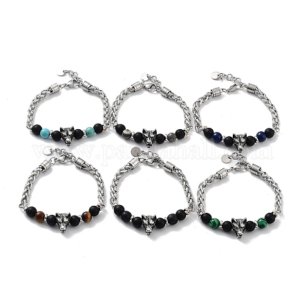 Bracelets de perles de pierres précieuses mélangées naturelles et synthétiques loup avec 201 fermoirs à pince de homard en acier inoxydable BJEW-Q334-14-1