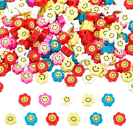 Nbeads300pcs手作りポリマークレイビーズ  笑顔の花  ミックスカラー  9.5~10x4.5mm  穴：1.2mm  300個/箱 CLAY-NB0001-47-1