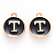 Golden Plated Alloy Charms, Cadmium Free & Lead Free, with Enamel, Enamelled Sequins, Flat Round with Letter, Black, Letter.T, 14x12x2mm, Hole: 1.5mm