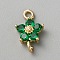 Light Gold Plated Brass Pave Glass Connector Charms, Flawer Links, Dark Green, 13x8x3.5mm, Hole: 1.4mm