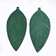 環境に優しいシープスキンレザーのビッグペンダント  葉  濃い緑  97x45x1.5mm  穴：1.4mm X-FIND-S301-12B-2