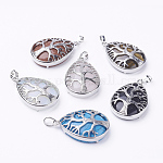 Natural & Synthetic Mixed Stone Pendants, with Brass Findings, teardrop, Platinum, 39x26x7~9mm, Hole: 5x7mm
