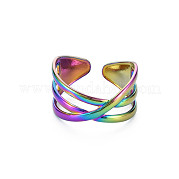 Rainbow Color 304 Stainless Steel Criss Cross Cuff Ring RJEW-N038-036M