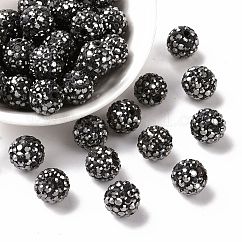 Perles de boule pavé disco , Perles de strass en argile polymère, Grade a, ronde, jet hématite, strass: pp13 (1.9~2mm), 6 rangs de strass, 10mm, Trou: 1.5mm