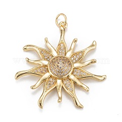 Pendentifs en laiton zircon cubique transparent, sans cadmium et sans plomb, Plaqué longue durée, soleil, véritable 18k plaqué or, 35x33x5mm, Trou: 4mm, anneau: 5x1 mm