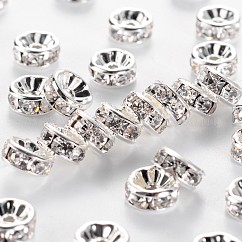 Abalorios de latón Diamante de imitación espaciador, aaa grado, brida recta, sin níquel, color plateado, rerondana plana, cristal, 8x3.8mm, agujero: 1.5 mm