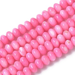 Hebras naturales de cuentas de concha de agua dulce, ronedlle, teñido, de color rosa oscuro, 6x3.5~4mm, agujero: 1 mm, aproximamente 97~99 pcs / cadena, 15.08~ 15.47 pulgada (38.3~39.3 cm)