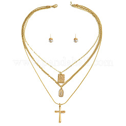 Комплекты из серег-гвоздиков и трехслойных ожерелий с кубическим цирконием из латуни&nbsp;FS-WG699DA-01