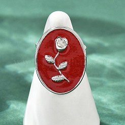 Anillos de dedo esmaltados de acero inoxidable 304 con diseño ovalado y estampado de rosas para mujer&nbsp;RJEW-G355-10P-02