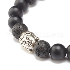 2 pièces 2 couleurs pierre de lave naturelle et bracelets extensibles en pierre noire synthétique sertis de tête de bouddha&nbsp;BJEW-JB07707