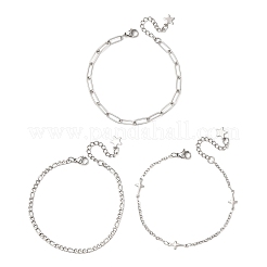 3 шт. 3 стиля браслетов-цепочек и звеньев из нержавеющей стали 304 Figaro и скрепок для женщин&nbsp;BJEW-JB12432