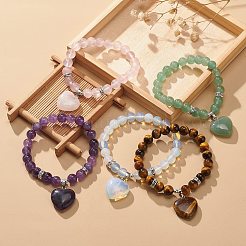 Braccialetto elasticizzato con perline rotonde in pietre preziose con ciondolo a cuore per donna&nbsp;BJEW-JB09019