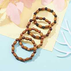 Эластичные браслеты из натурального дерева с бусинами&nbsp;BJEW-JB09621