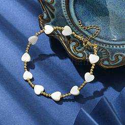 Braccialetto da donna con cuore in conchiglia naturale e perline in ottone&nbsp;BJEW-TA00358