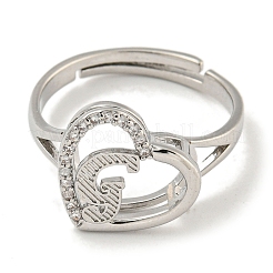 Сердце с буквой стойка покрытие латунь микро паве кубический цирконий регулируемые кольца для женщин&nbsp;RJEW-I105-06P-G
